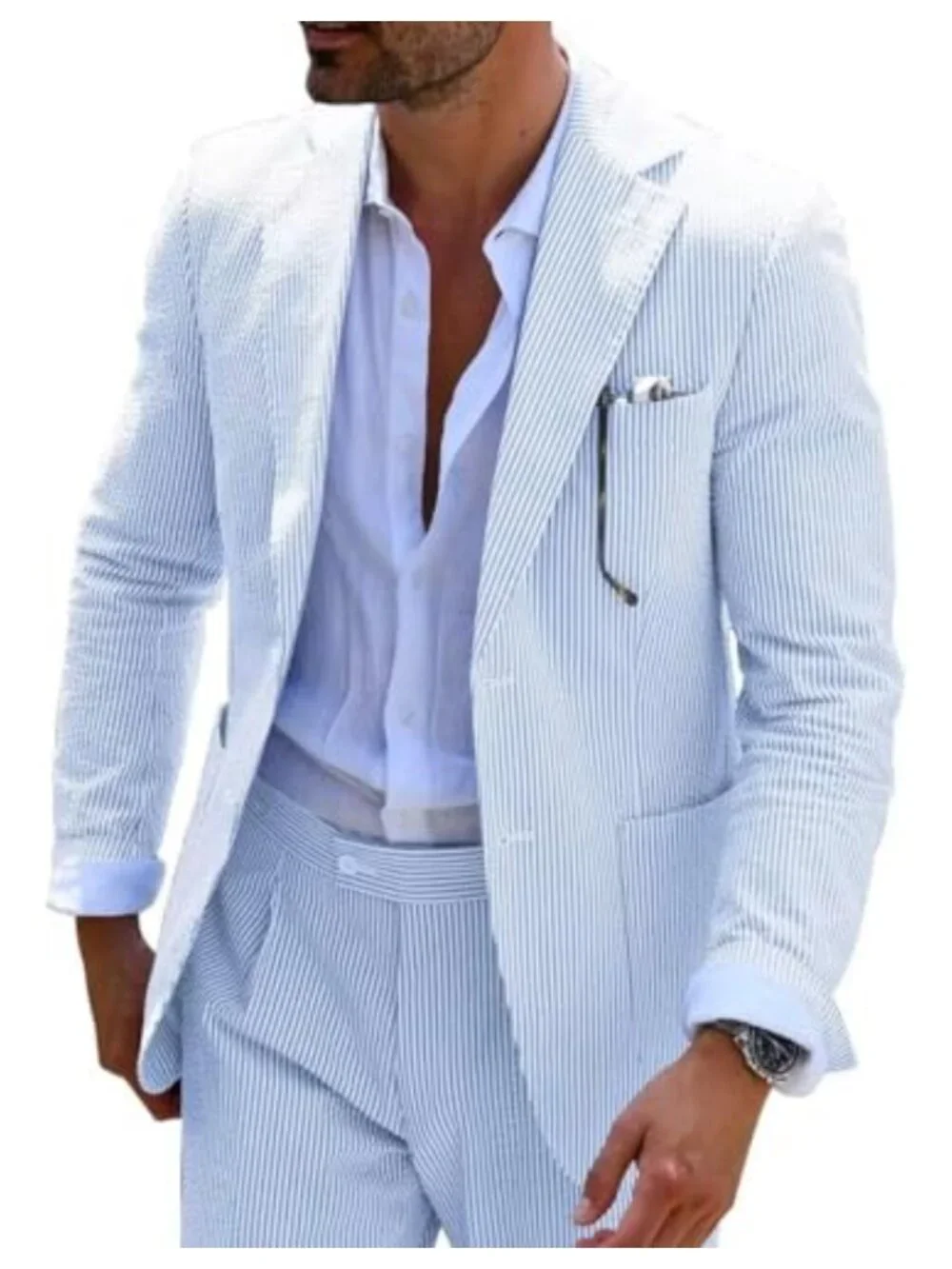 Men's Striped Seersucker Two Piece Suit Set Slim Fit Wedding